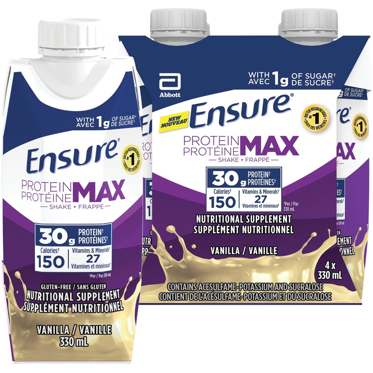 Supplément nutritionnel oral Ensure Protéine Max 30 g, boisson protéinée à la vanille avec 30 g de protéines de haute qualité et 1 g de sucre, 330 mL (emballage de 4), 1320 mL