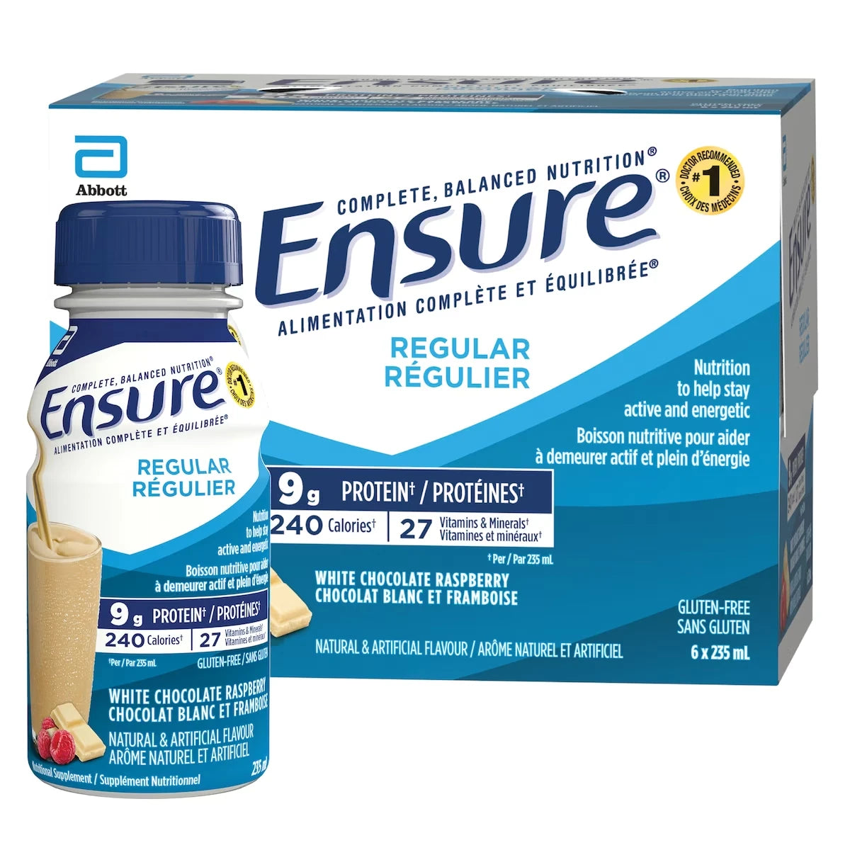 Régulier, Supplément Nutritionnel, Alimentation Pour Rester Actif Et Plein d'Énergie, Chocolat Blanc Et Framboise, 6 Bouteilles De 235 mL