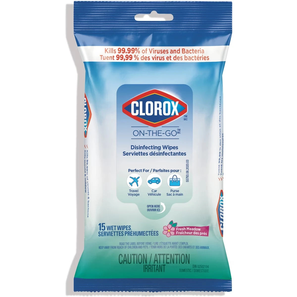 CLOROX ON-THE-GO SERVIETTES DÉSINFECTANTES FRAICHEUR DES PRÉS, Pouche de 15