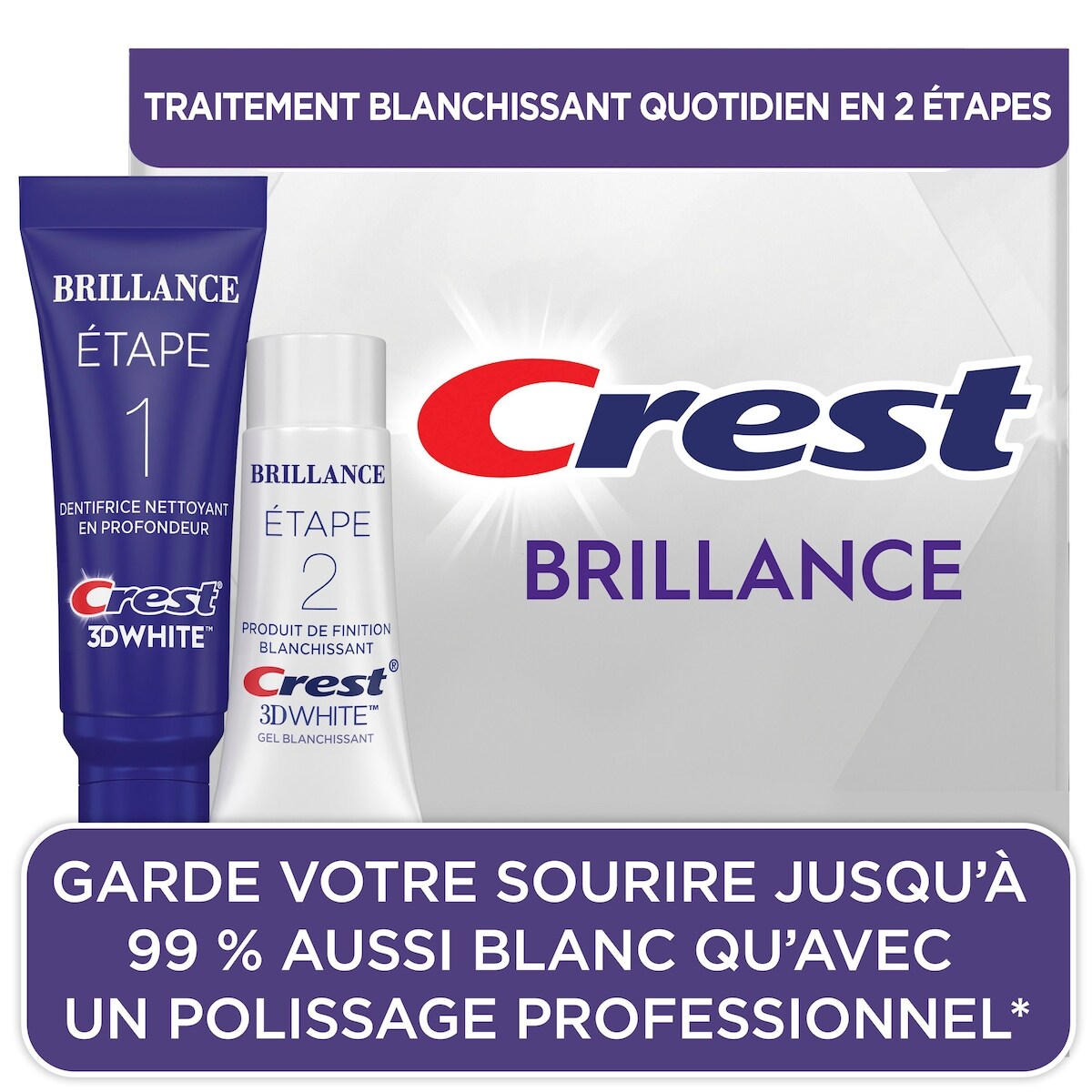 Dentifrice en deux étapes 3D White Brillance + gel blanchissant, tubes de 85 et de 63 mL