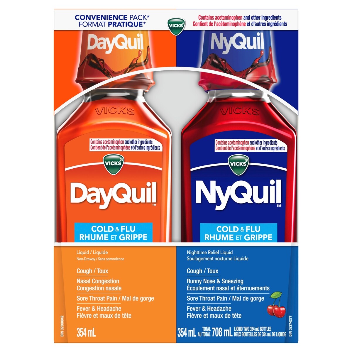 Médicament liquide DayQuil et NyQuil rhume et grippe, soulagement diurne et nocturne de symptômes multiples : maux de tête, fièvre, mal de gorge, courbatures et douleurs mineures, toux, format pratique, 2 bouteilles de 354 mL