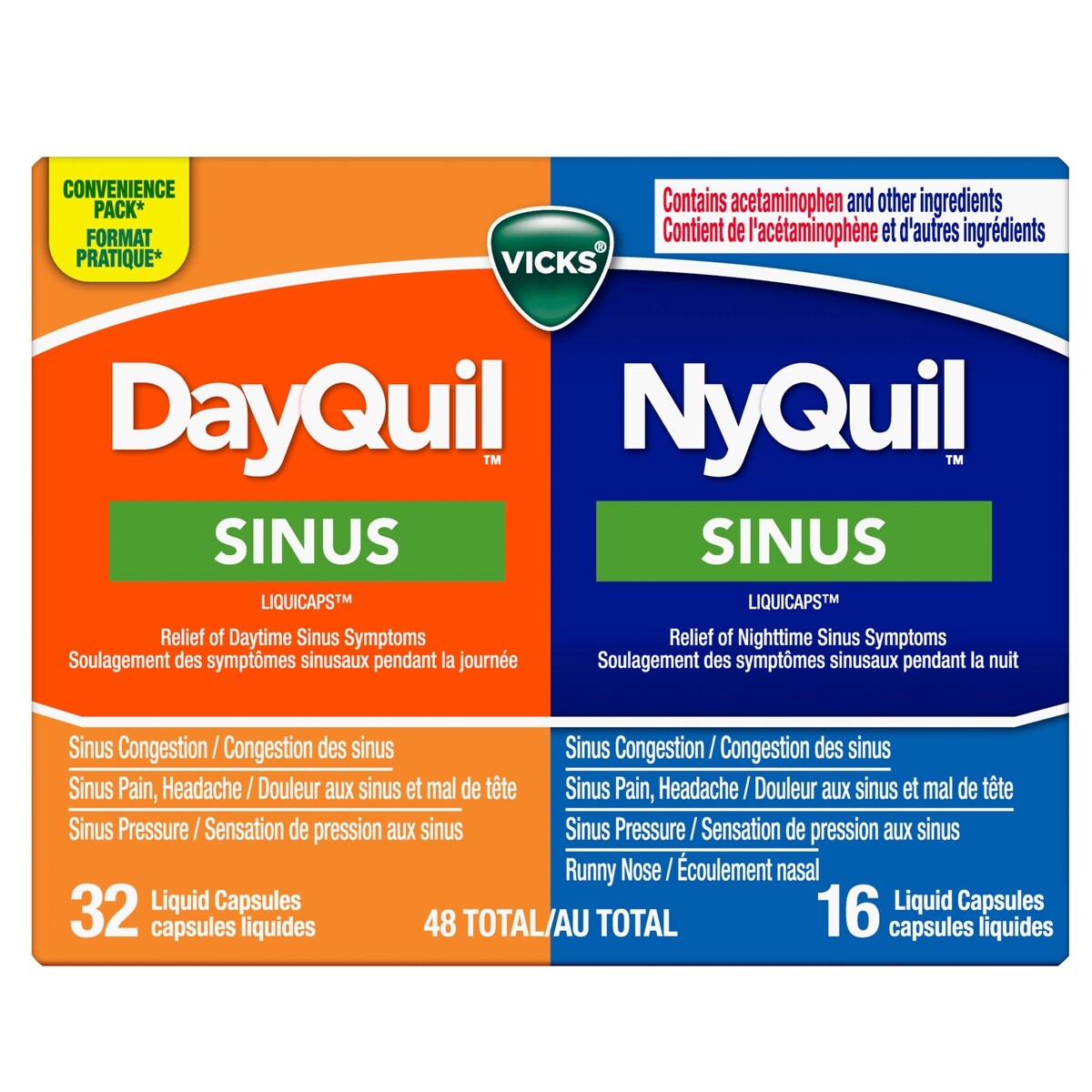 Capsules liquides DayQuil Sinus + Capsules liquides NyQuil Sinus, total de 48 unités
