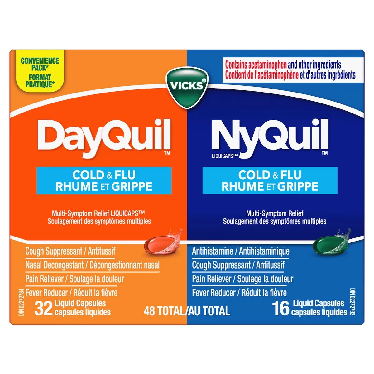 Cap liq DayQuil Rhume grippe symp mult + Cap liq NyQuil Rhume grippe sympt mult, 48u