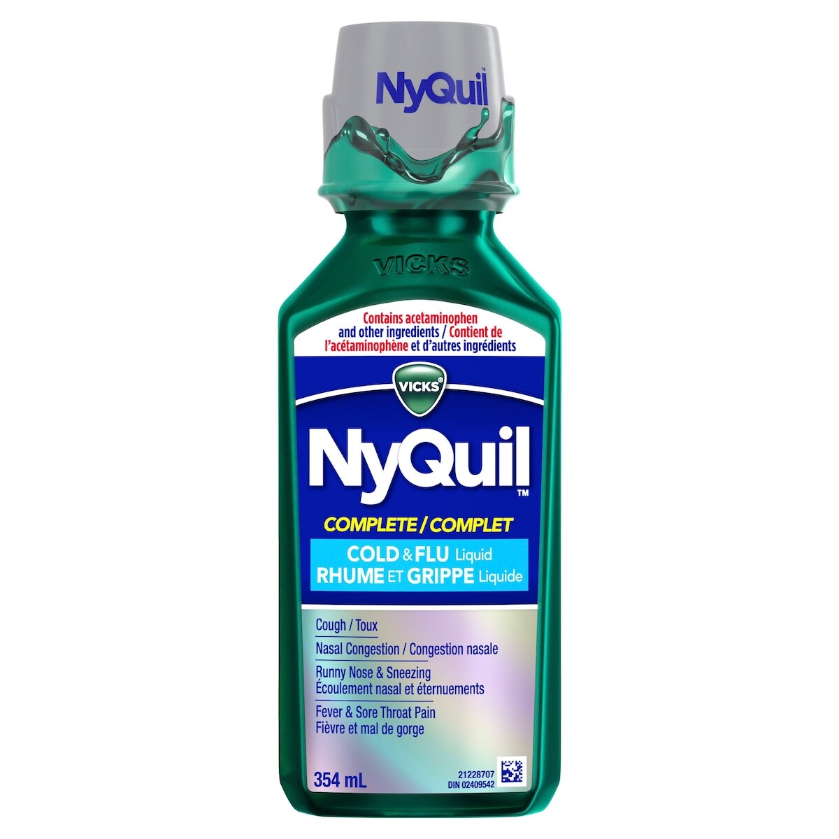 Vicks NyQuil COMPLETE : rhume, grippe, congestion, soulagement maximal nuit, toux, mal de gorge, fièvre, congestion et écoulement nasal, baies, 236 mL