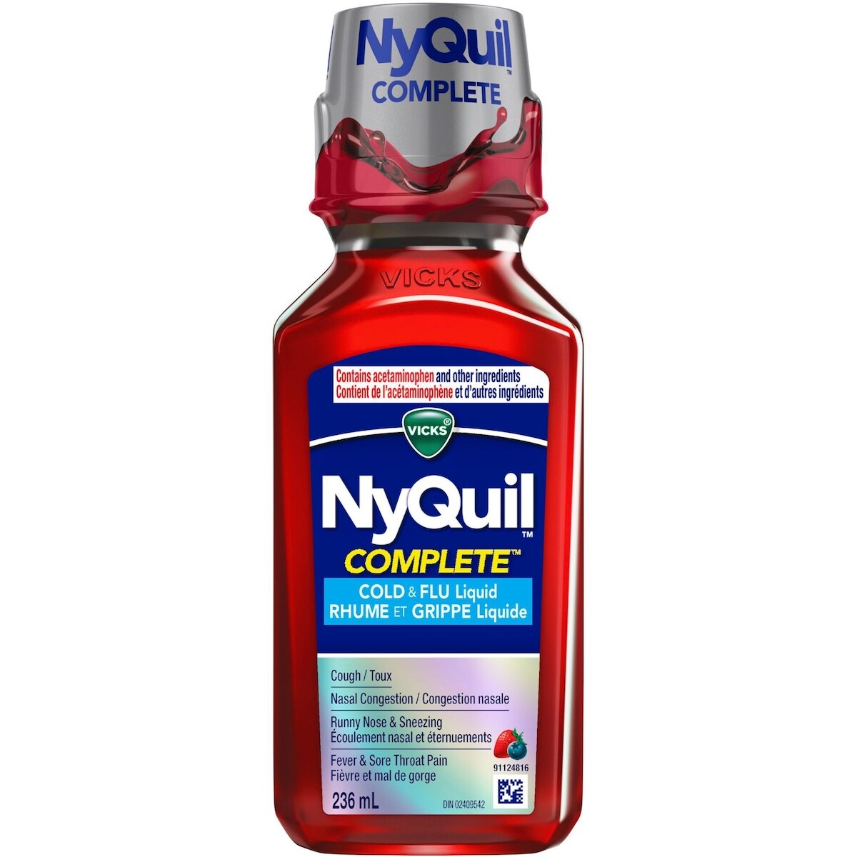 Vicks NyQuil COMPLETE : rhume, grippe, congestion, soulagement maximal nuit, toux, mal de gorge, fièvre, congestion et écoulement nasal, baies, 236 mL
