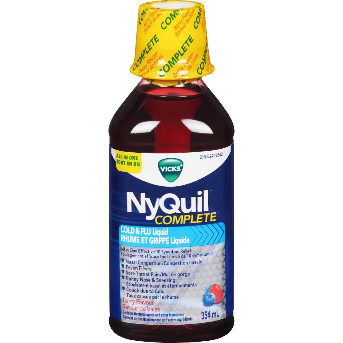 Vicks COMPLETE : rhume, grippe, congestion, soulagement maximal nuit, toux, mal de gorge, fièvre, congestion et écoulement nasal, baies, 354 mL