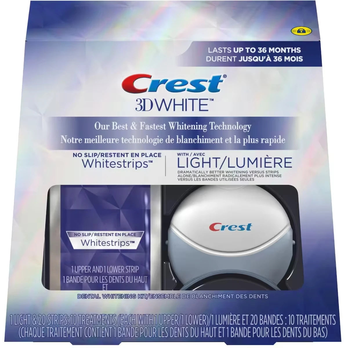 Ensemble de blanchiment des dents Crest 3D Whitestrips Blanc professionnel avec lumière accélératrice à DEL, 19 traitements, 30 niveaux plus blancs