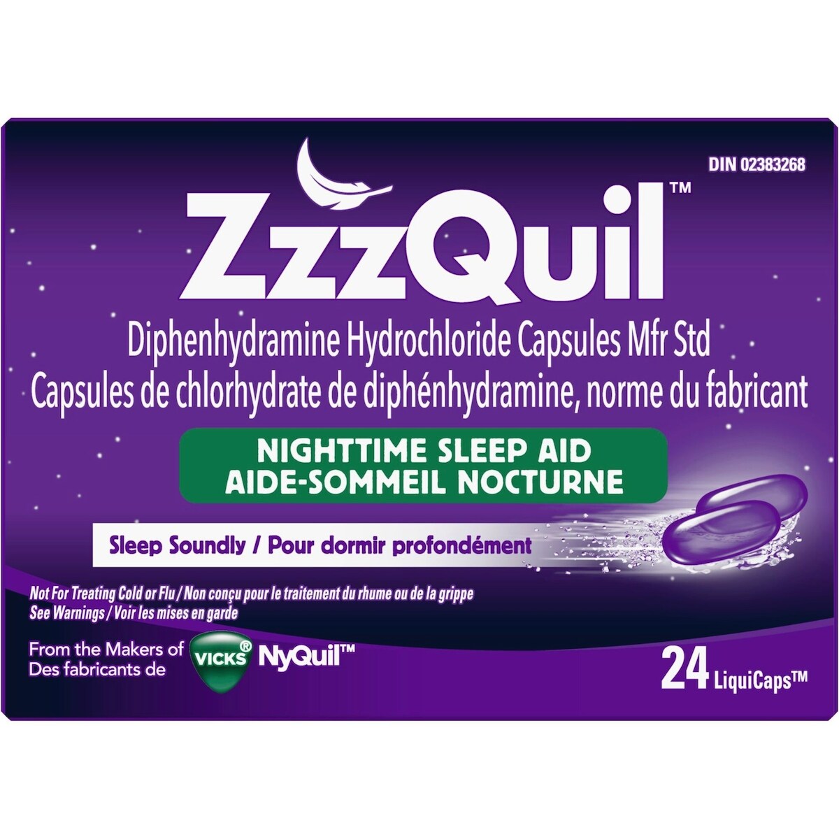 Vicks Zzzquil Liquicaps – Aide-sommeil Nocturne – Capsules Liquides – 24 Unités/Emballage