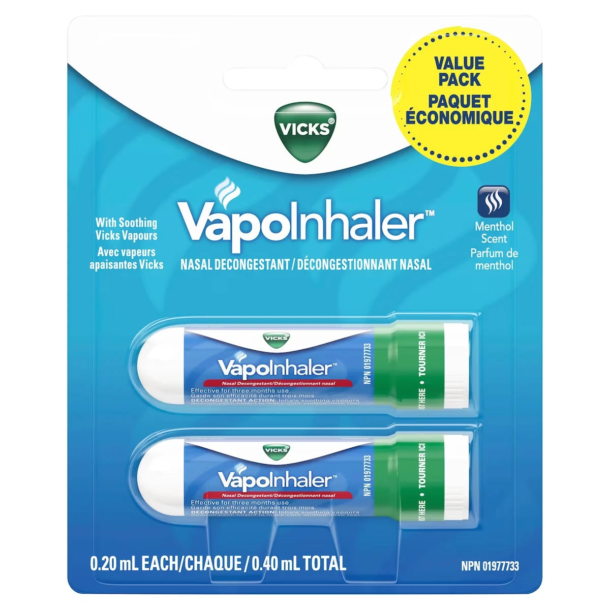 Inhalateur décongestionnant nasal VapoInhaler, parfum de menthol