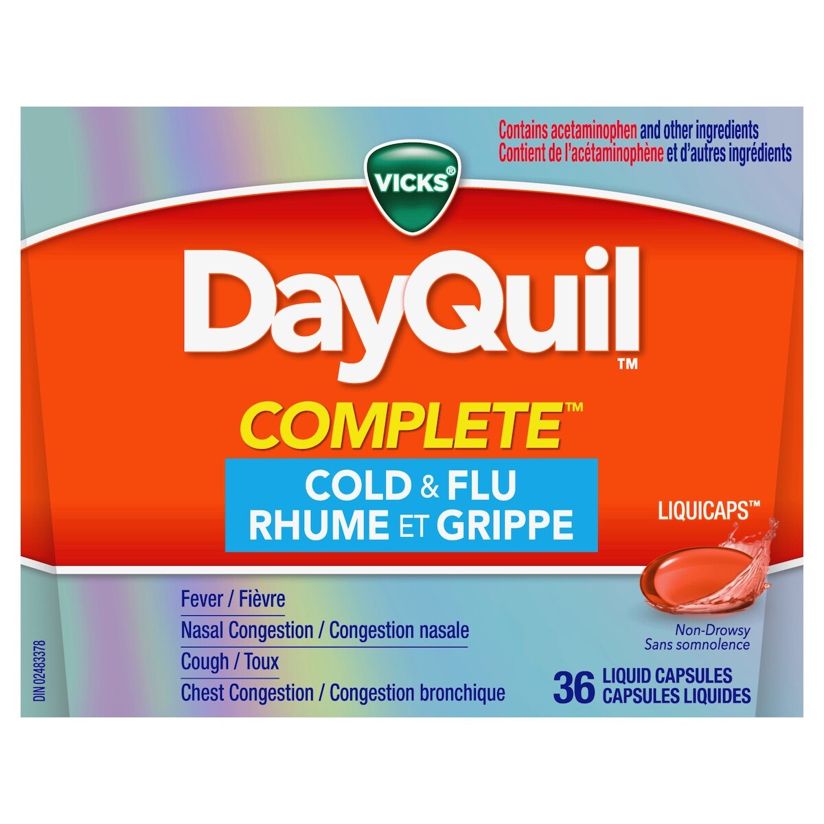 DayQuil Complete,  rhume, grippe et congestion, soulagement maximal : toux, mal de gorge, fièvre, congestion bronchique, capsules liquides, 24 u