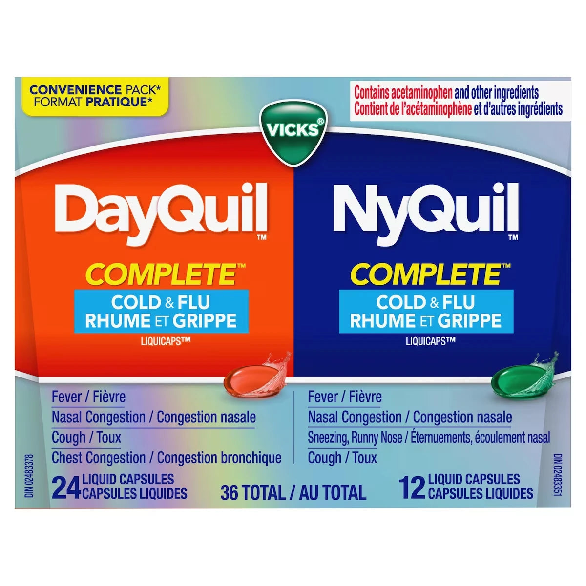 Médicament DayQuil et NyQuil COMPLETE : rhume, grippe et congestion, 36 Liquicaps, toux, mal de gorge, fièvre, écoulement nasal, jour/nuit