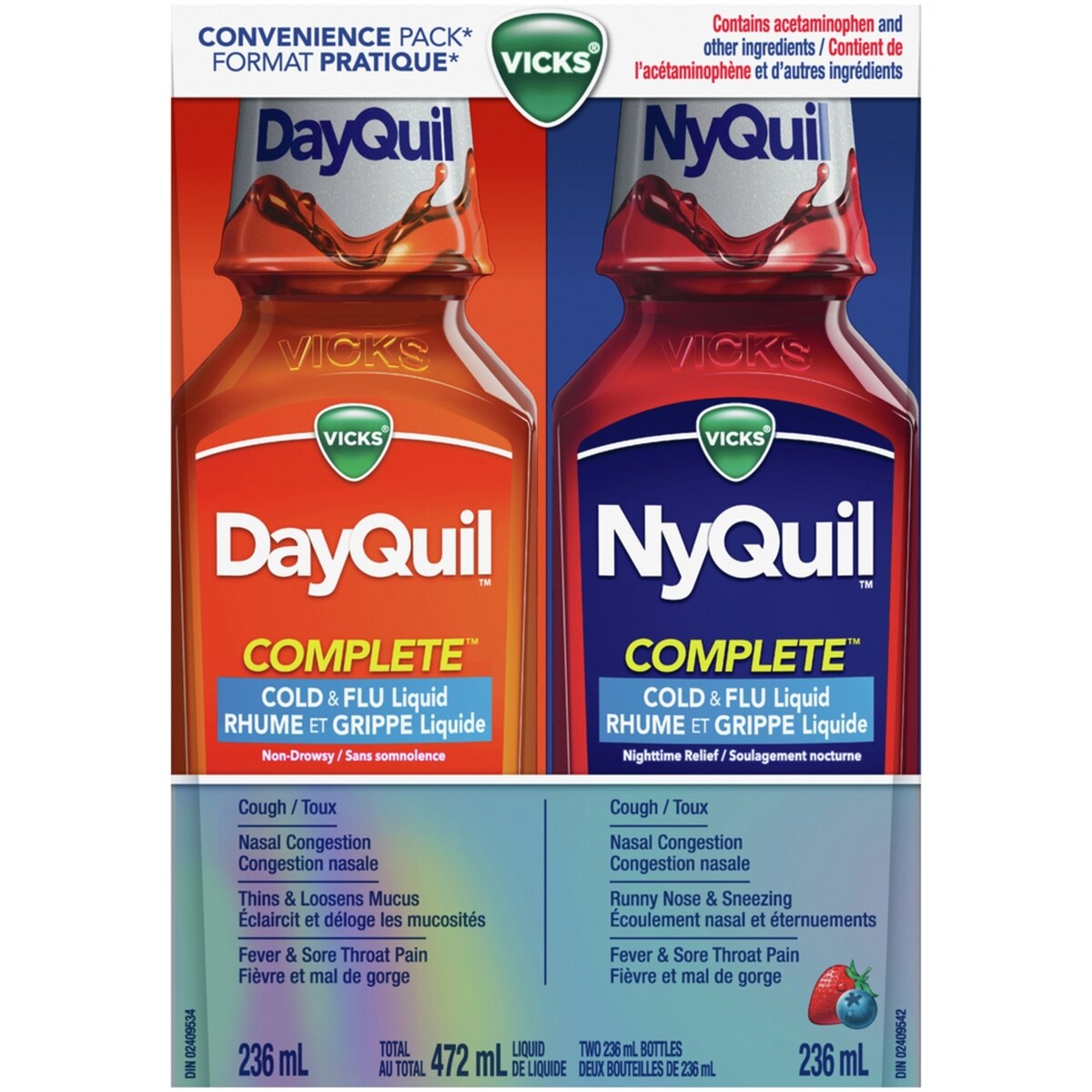 DayQuil et NyQuil COMPLETE contre le rhume et la grippe. Soulage maux de tête, fièvre, mal de gorge, congestion, toux, 2 x 236&nbsp;mL, 1 NyQuil, 1 DayQuil