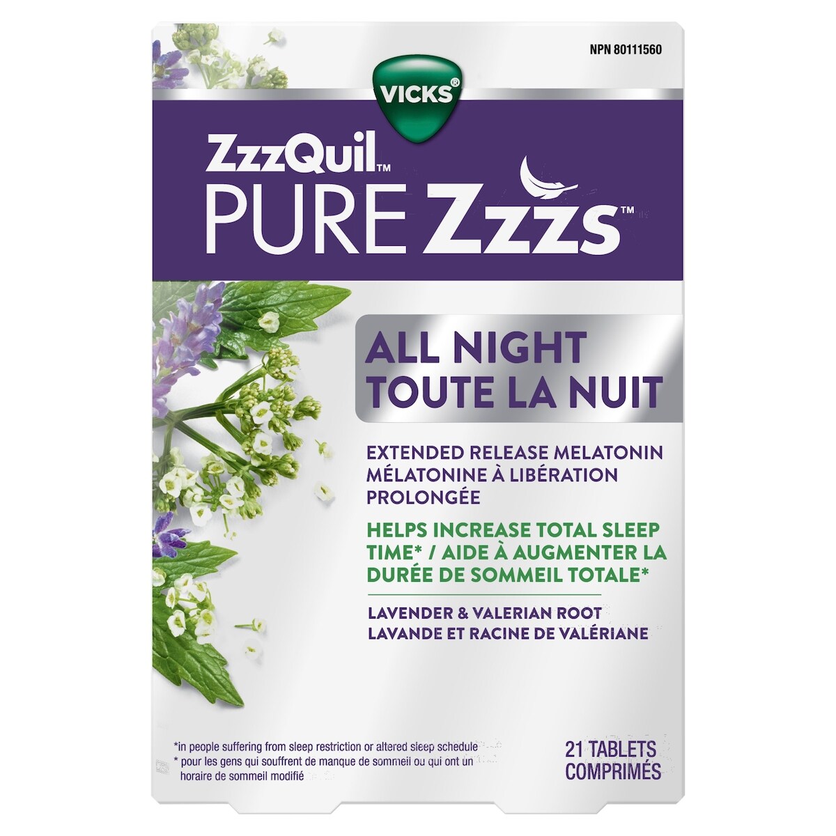 ZzzQuil PURE Zzzs Toute la nuit, lib. prol., mélatonine, 6 h, adultes, 2 mg/comp., 21 u
