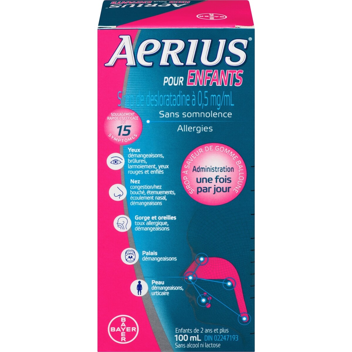 Allergies pour enfants, sirop pour un soulagement sans somnolence durant 24 heures, 15 symptômes, arôme de gomme balloune, 100 mL