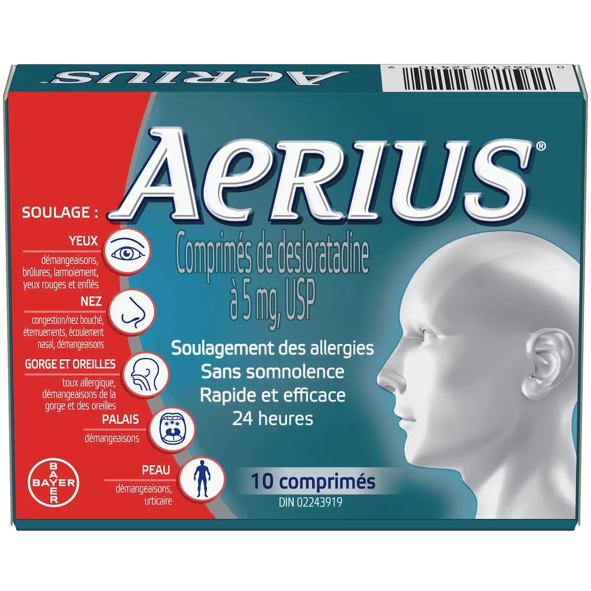 Allergies, soulagement rapide et sans somnolence durant 24 heures, 15 symptômes, 10 comprimés