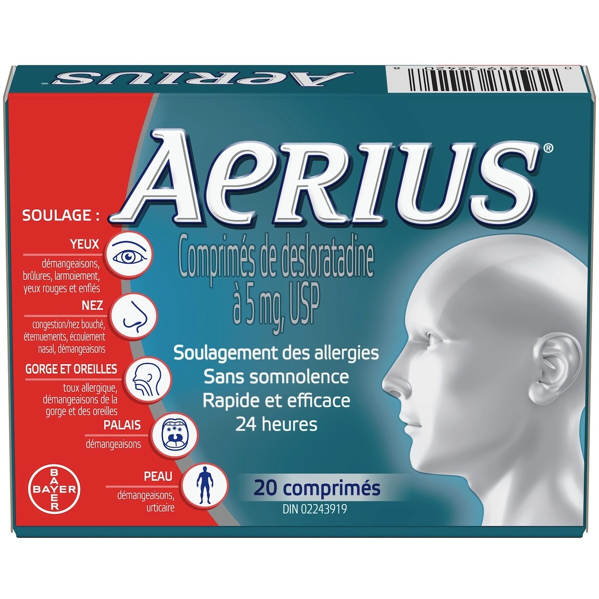 Allergies, soulagement rapide et sans somnolence durant 24 heures, 15 symptômes, 20 comprimés