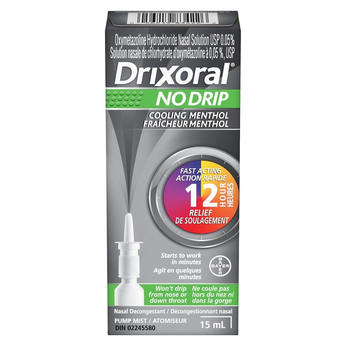 Vaporisateur No Drip avec fraîcheur menthol, sensation de fraîcheur avec 12 heures de soulagement, 15 mL