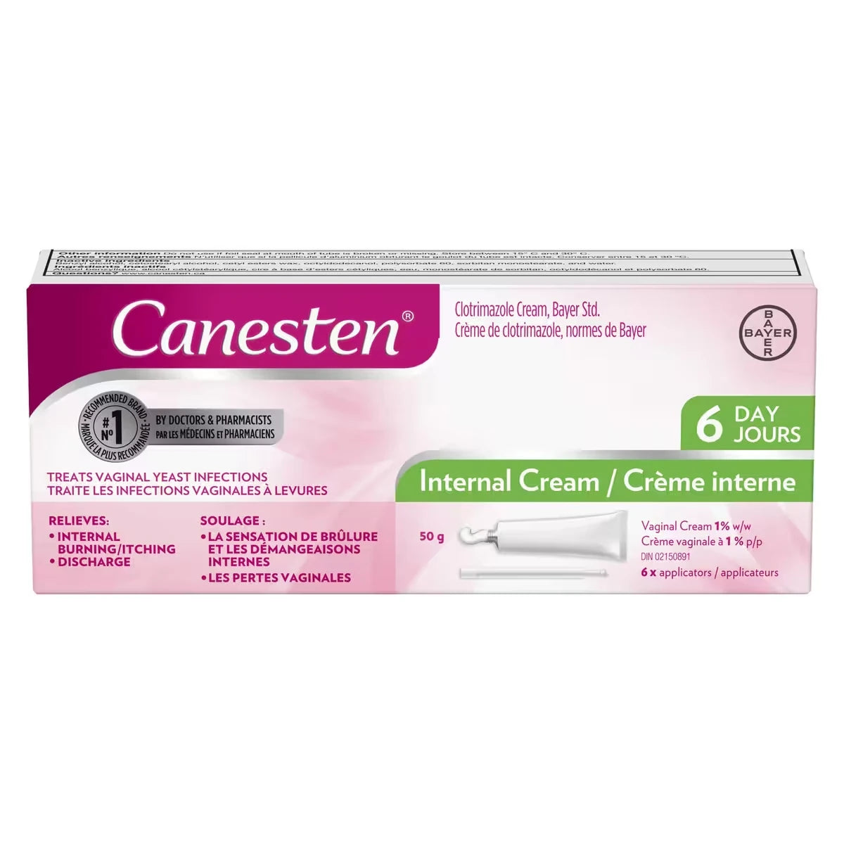 Crème interne 6 jours pour les infections à levures, 6 traitements
