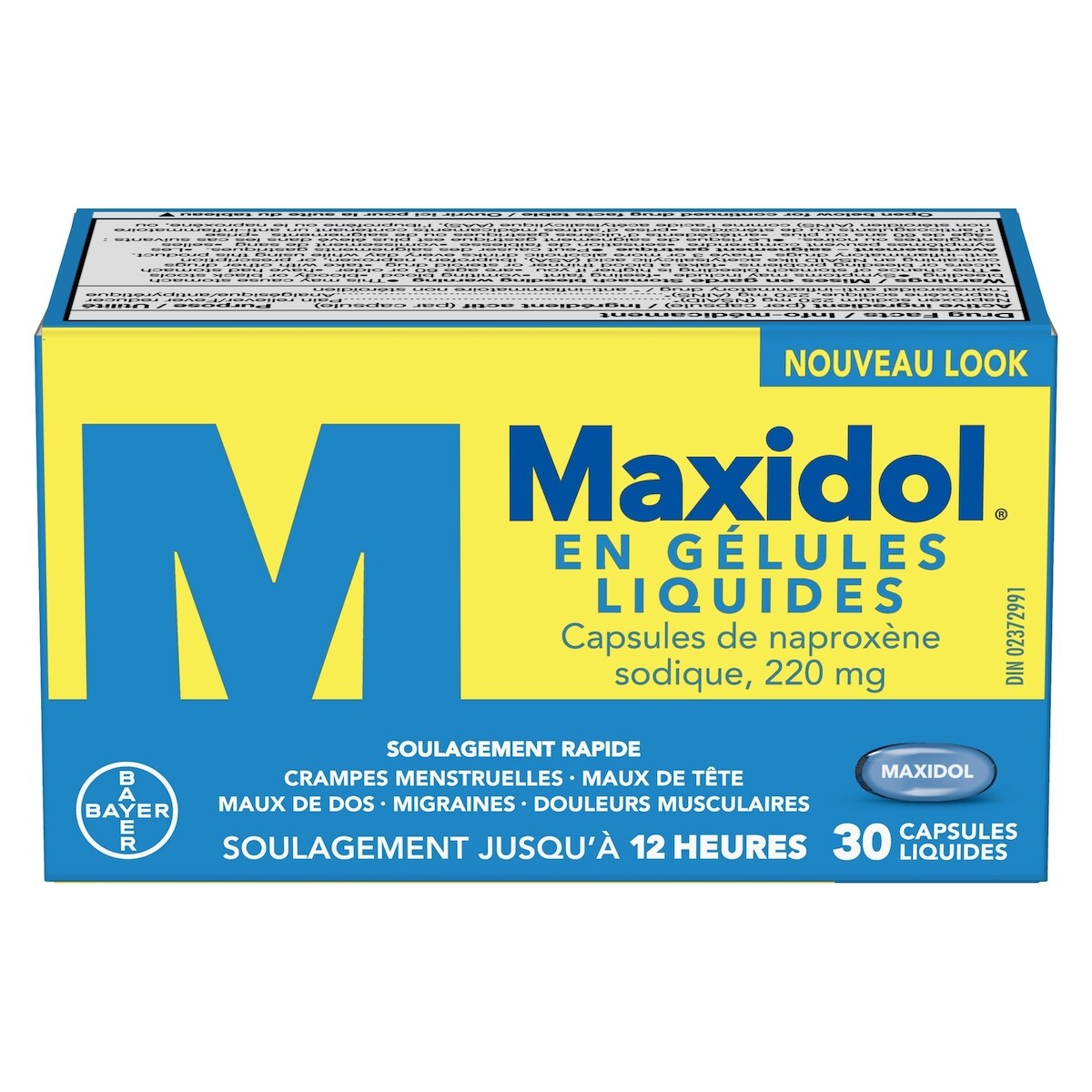en gélules liquides, offrant un soulagement rapide de la douleur, tels que les crampes menstruelles, les maux de tête, les maux de dos, les migraines et les douleurs musculaires, naproxène sodique à 220 mg, 30 capsules liquides