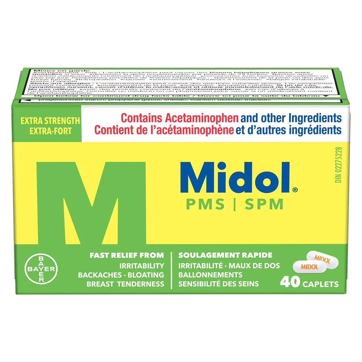 SPM sans caféine offrant un soulagement rapide des symptômes prémenstruels, tels que l’irritabilité, les ballonnements, les crampes, la sensibilité des seins, les maux de dos, les maux de tête et les douleurs musculaires, 40 caplets
