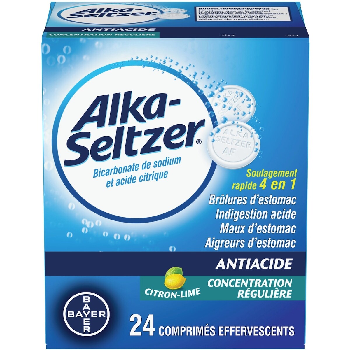 Comprimés antiacides effervescents Alka-Seltzer pour le soulagement des brûlures d’estomac – Comprimés antiacides contre les brûlures et les maux d’estomac – Contiennent du bicarbonate de sodium et de l’acide citrique – Saveur de citron-lime