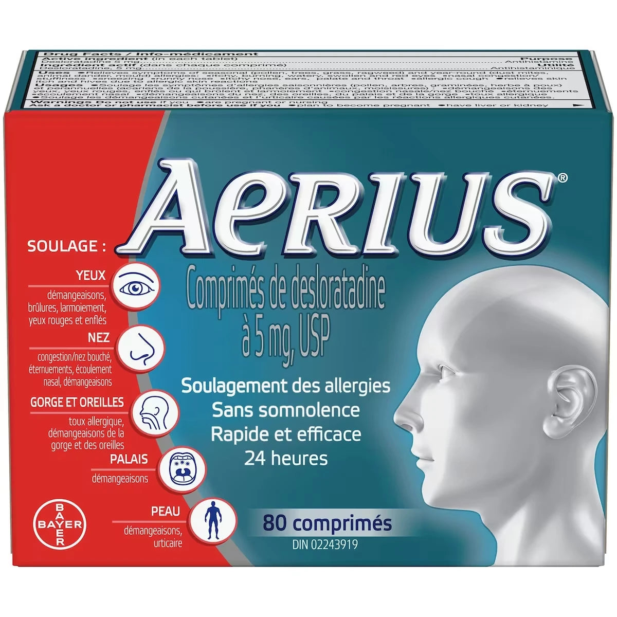 Allergies, soulagement rapide et sans somnolence durant 24 heures, 15 symptômes, 80 comprimés