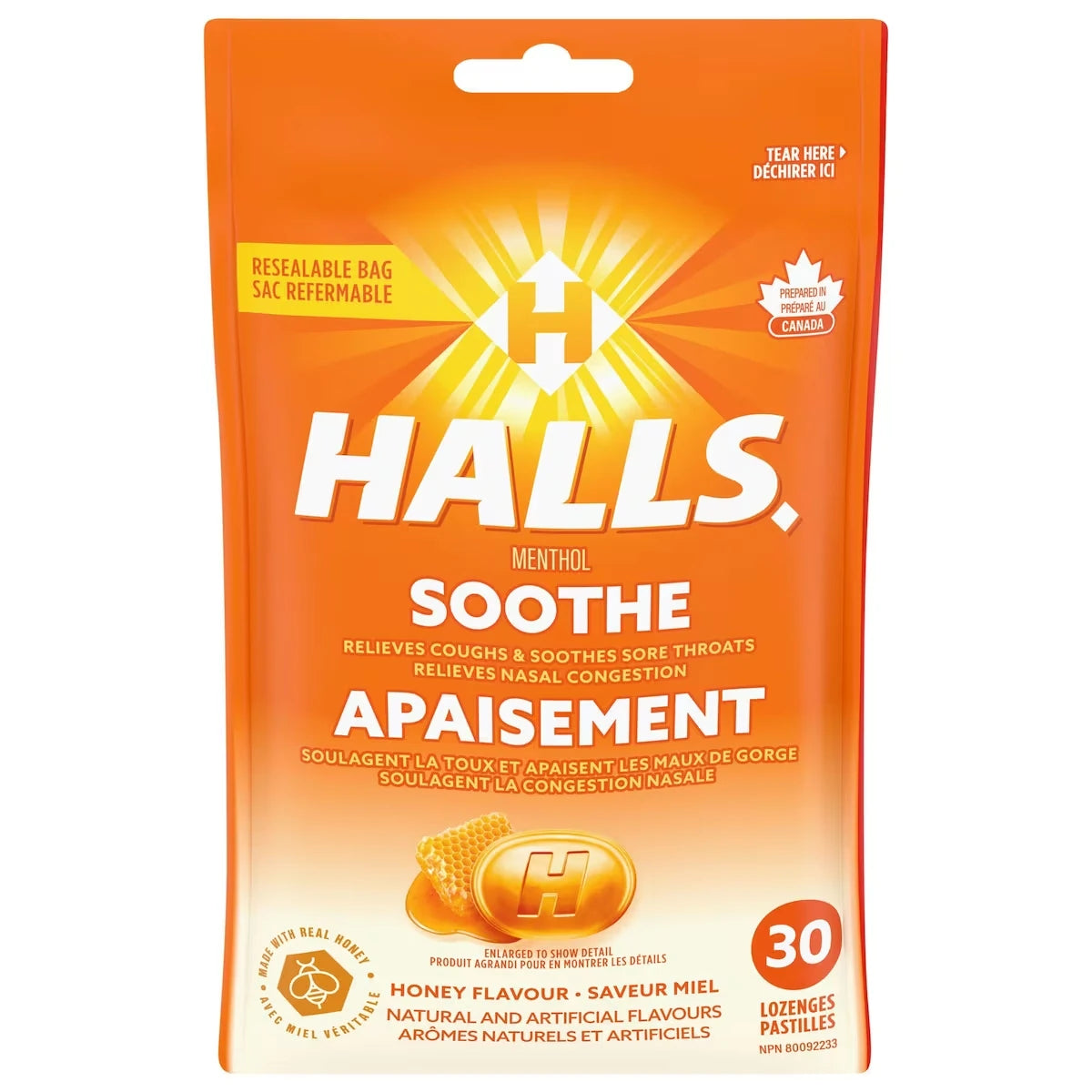HALLS Apaisement avec Menthol Saveur Miel, 30 pastilles