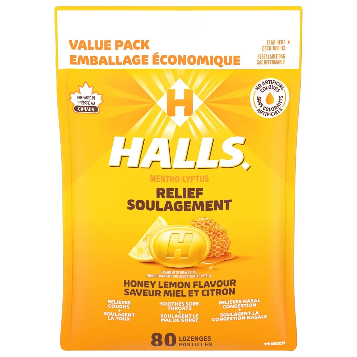 HALLS Soulagement avec Mentho-Lyptus Saveur Miel et citron, 80 pastilles