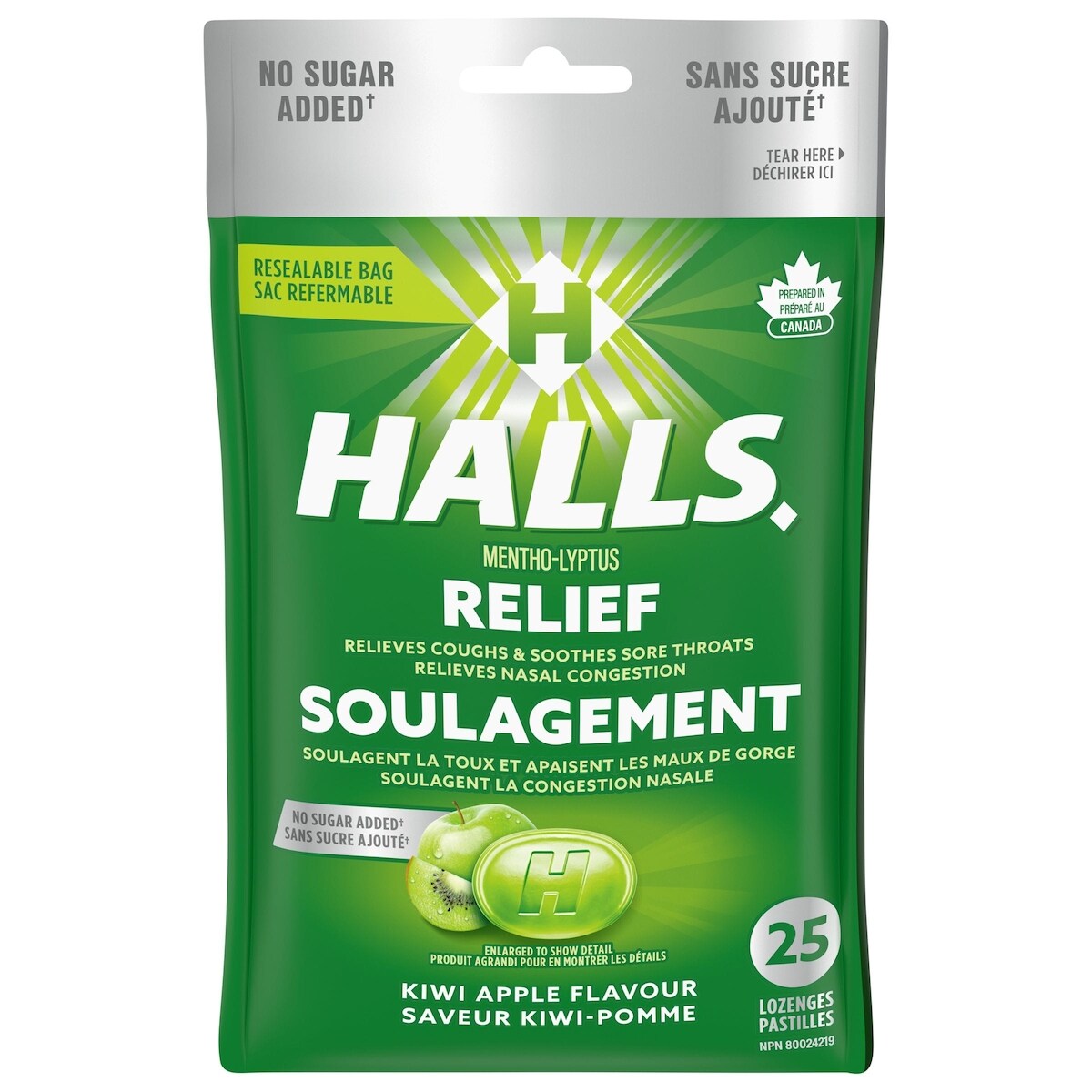 HALLS Soulagement avec Mentho-Lyptus Saveur Kiwi-pomme, 25 pastilles
