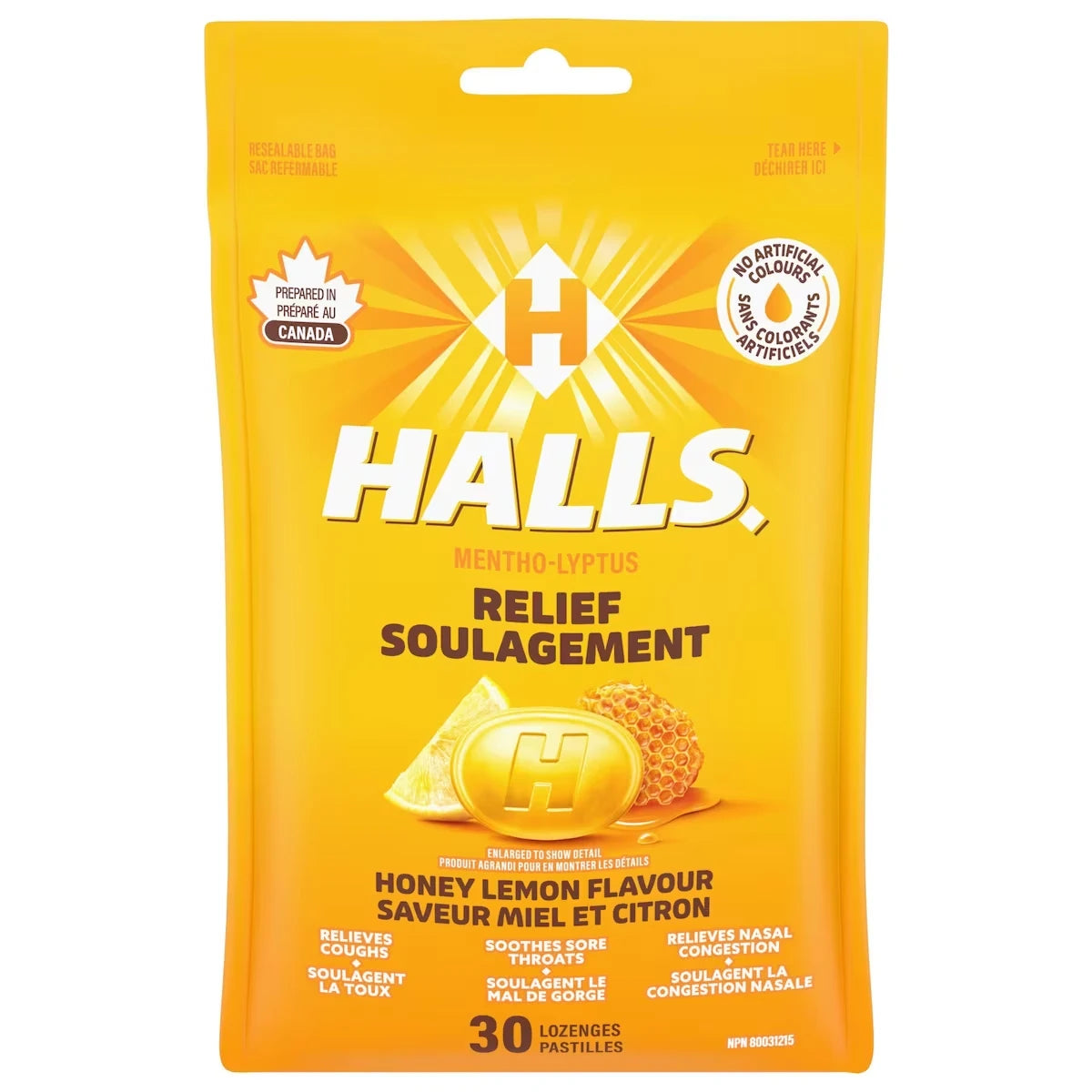 HALLS Soulagement avec Mentho-Lyptus Saveur Miel et citron, 30 pastilles