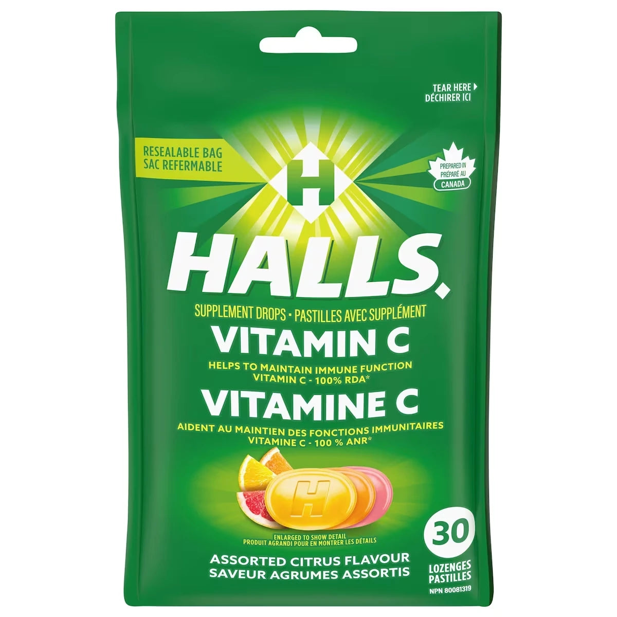 HALLS Vitamine C Saveur Agrumes assortis, 30 pastilles