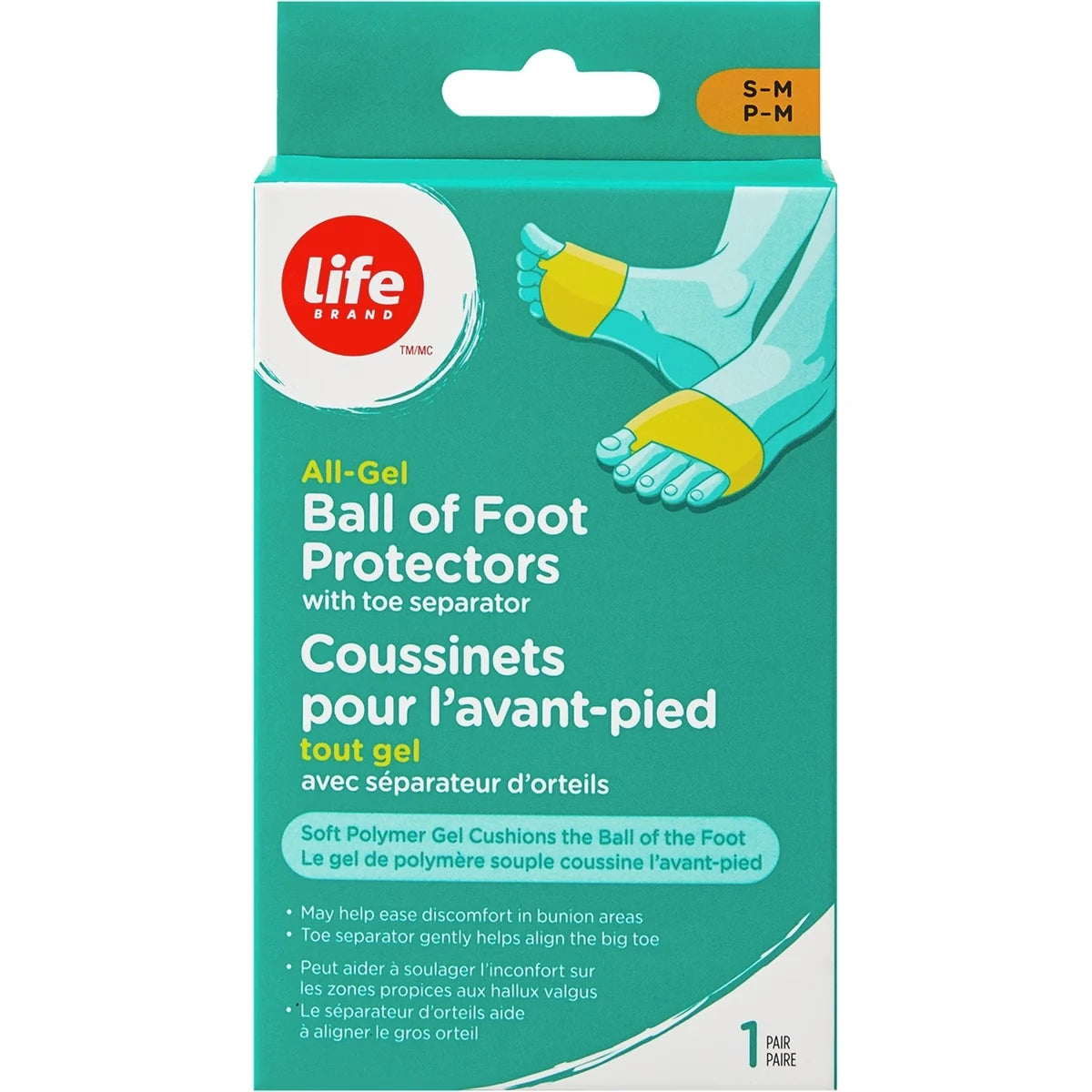 Coussinets pour l'avant-pied tout gel avec séparateur d'orteils