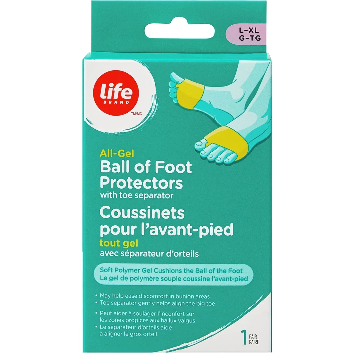Coussinets pour l'avant-pied tout gel avec séparateur d'orteils
