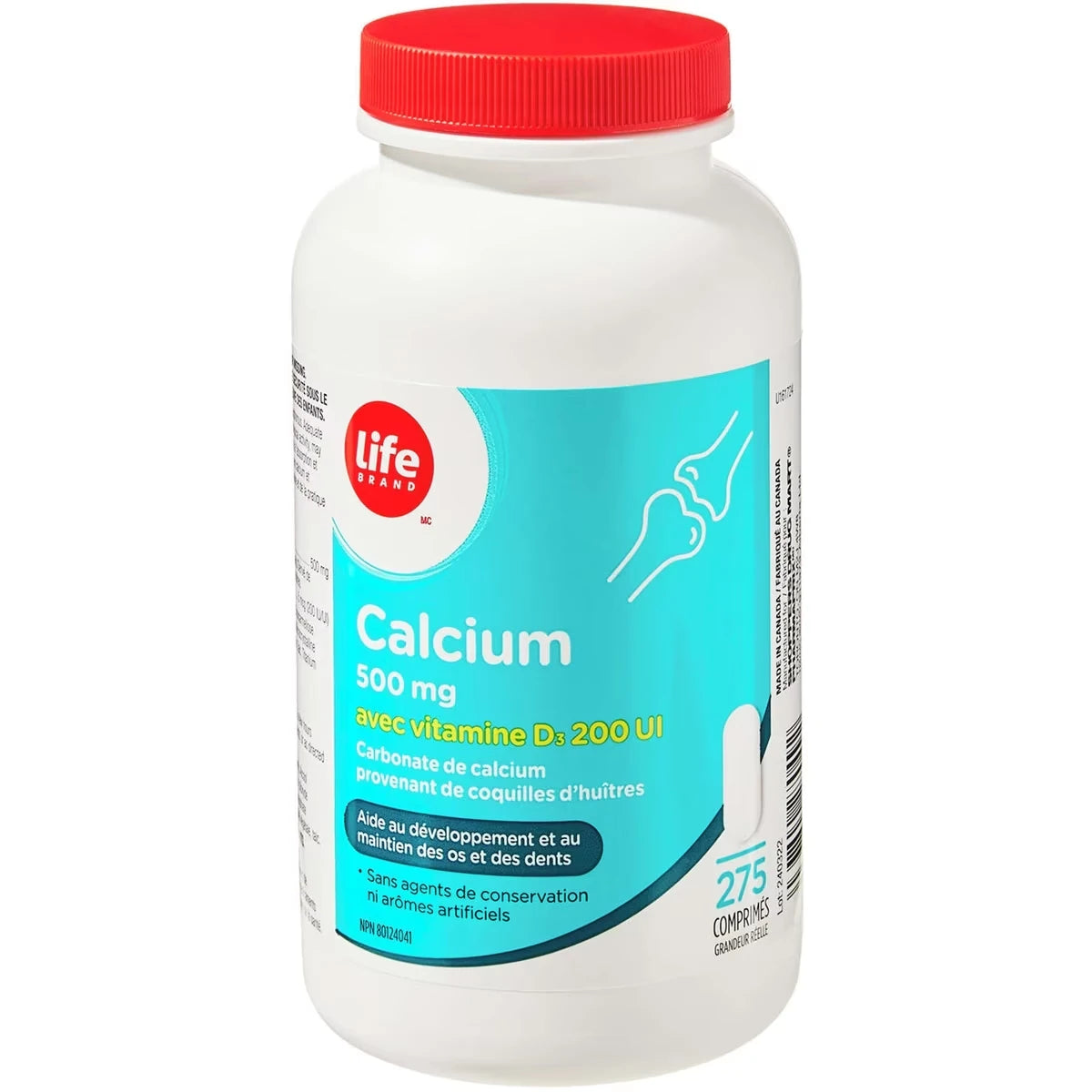 Calcium 500 mg avec vitamine D3 200 UI
Carbonate de calcium provenant de coquilles d’huîtres