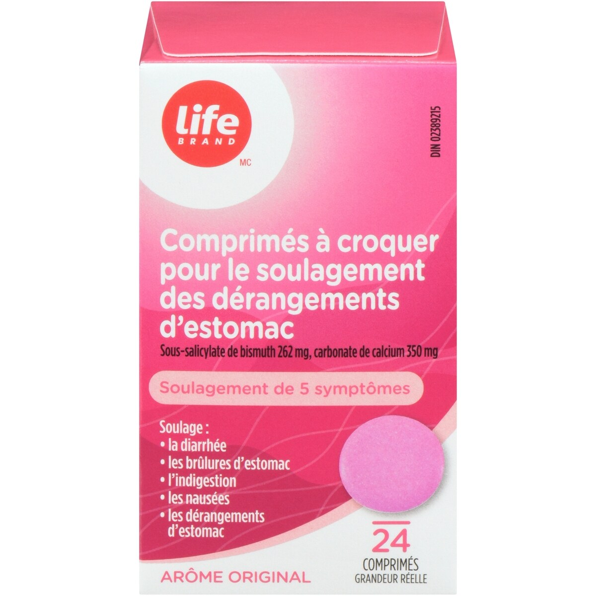 Comprimes à croquer pour le soulagement des dérangements d'estomac Sous-salicylate de bismuth 262 mg, carbonate de calcium 350 mg