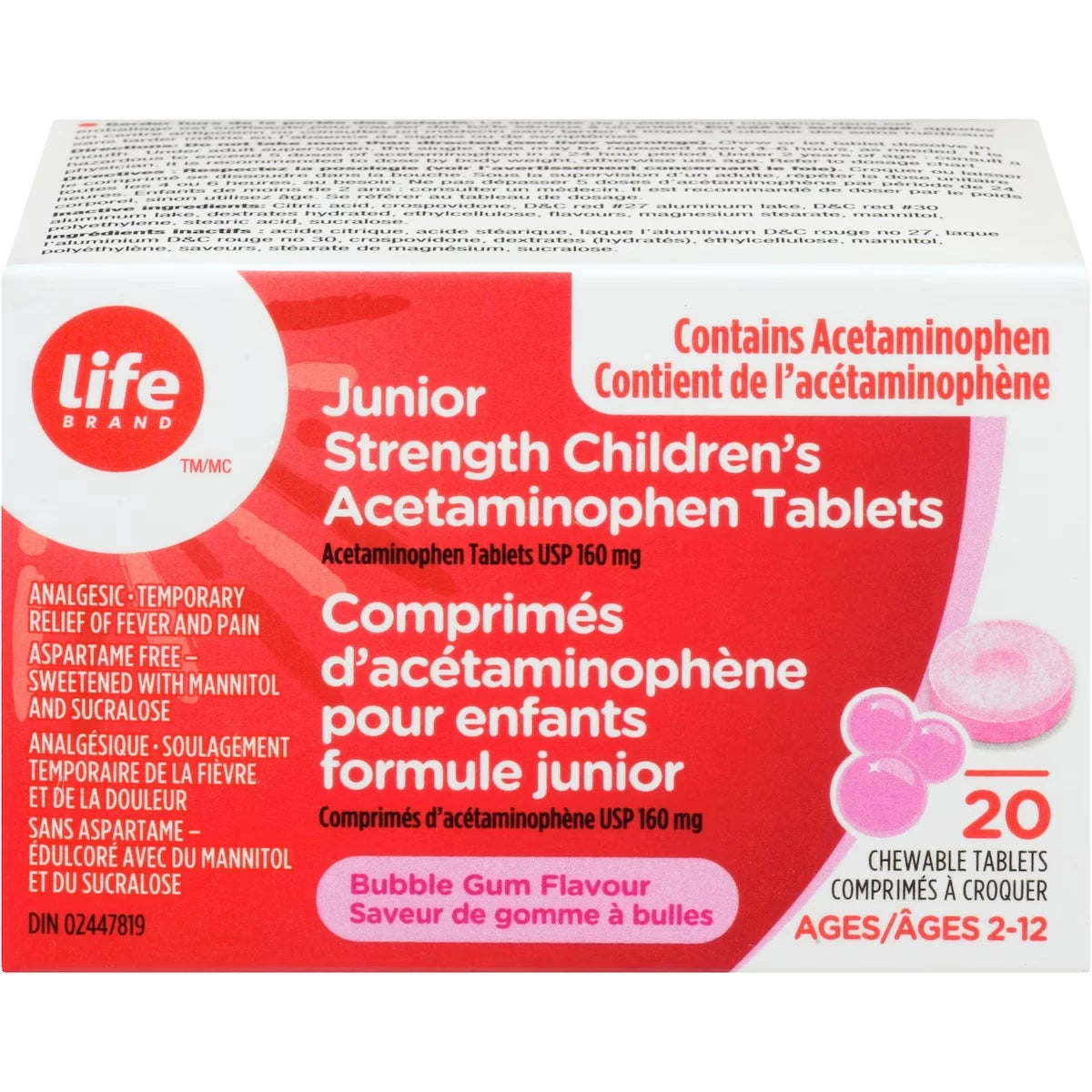 Comprimes d'acetaminophene pour enfants formule junior Saveur de gomme a bulles