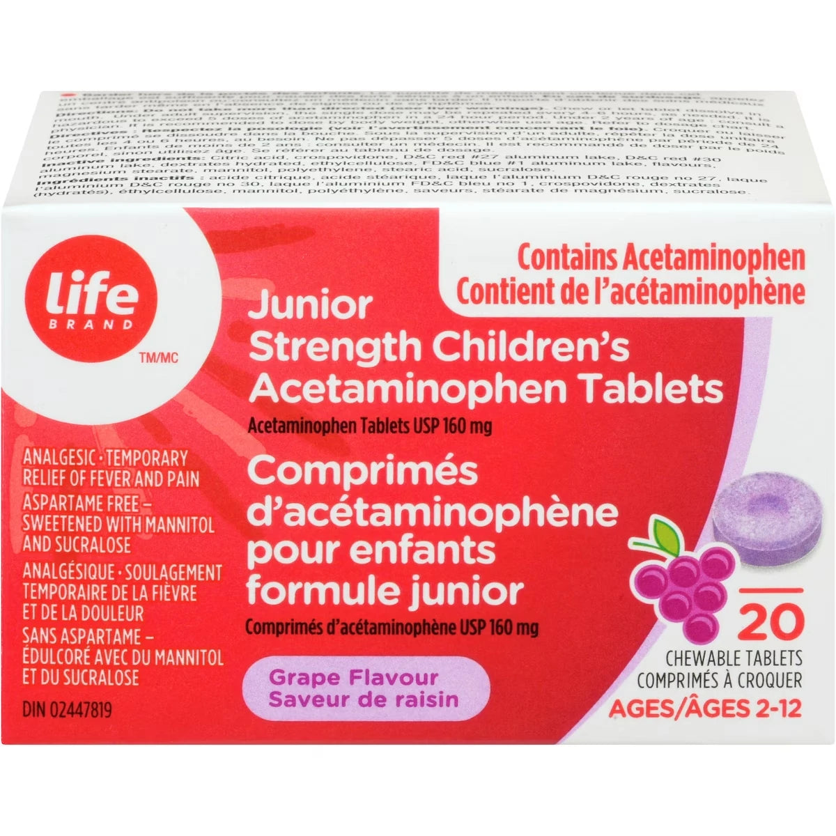 Comprimes d'acetaminophene pour enfants formule junior Saveur de raisin
