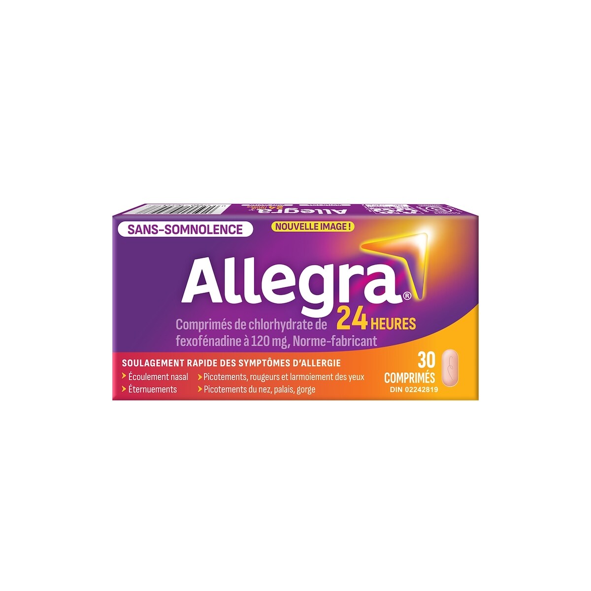 24 heures, médicament contre les allergies, sans somnolence, rapide et efficace, soulage les éternuements, les larmoiements et les picotements de la gorge, chlorhydrate de fexofénadine 120 mg, 30 comprimés