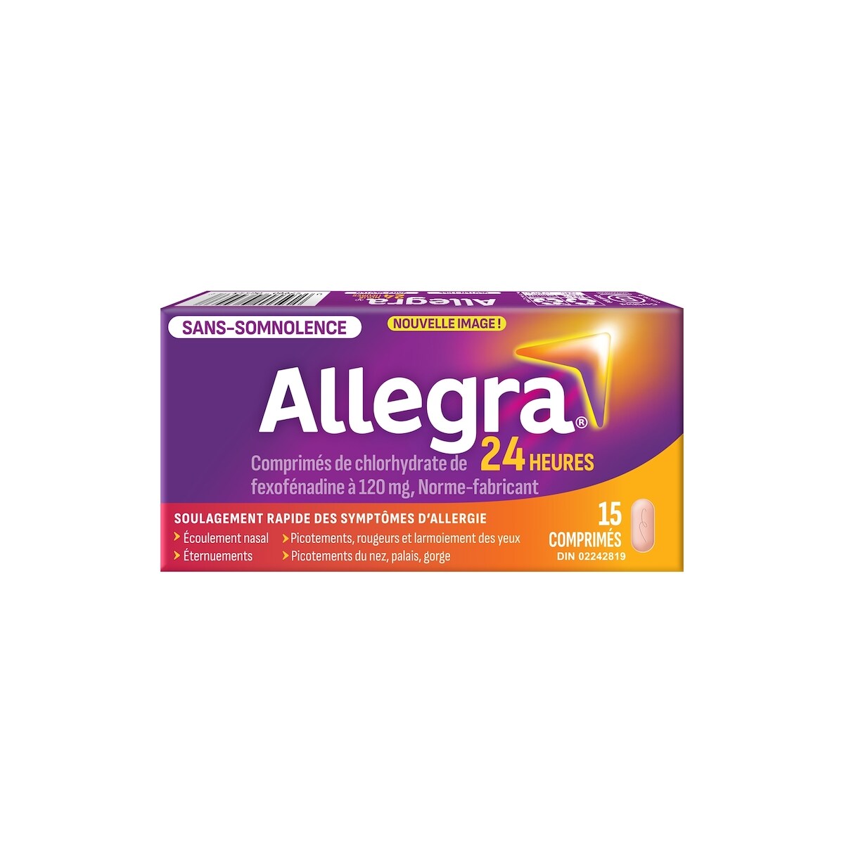 24 heures, médicament contre les allergies, sans somnolence, rapide et efficace, soulage les éternuements, les larmoiements et les picotements de la gorge, chlorhydrate de fexofénadine 120 mg, 15 comprimés