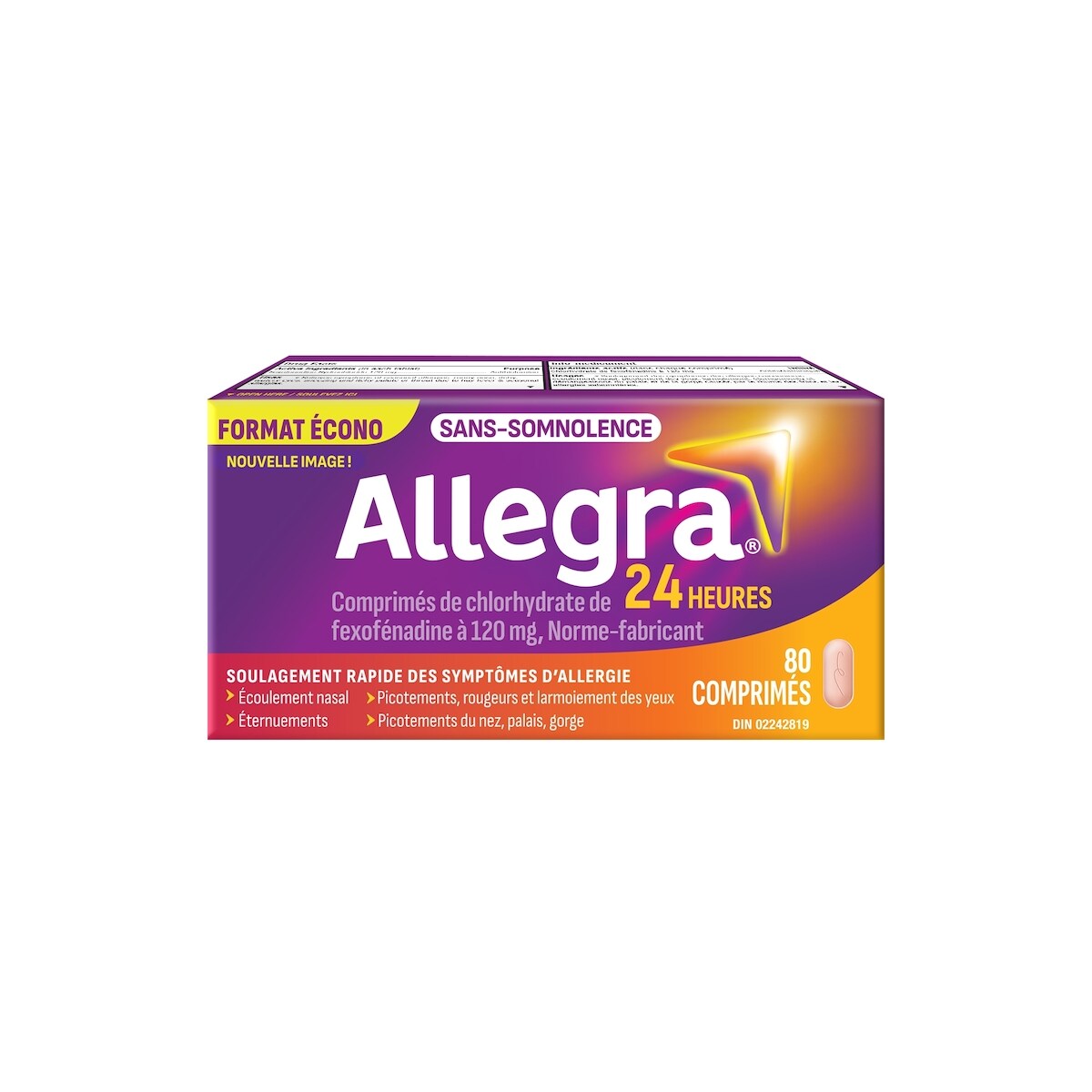 24 heures, médicament contre les allergies, sans somnolence, rapide et efficace, soulage les éternuements, les larmoiements et les picotements de la gorge, chlorhydrate de fexofénadine 120 mg, 80 comprimés, format économique