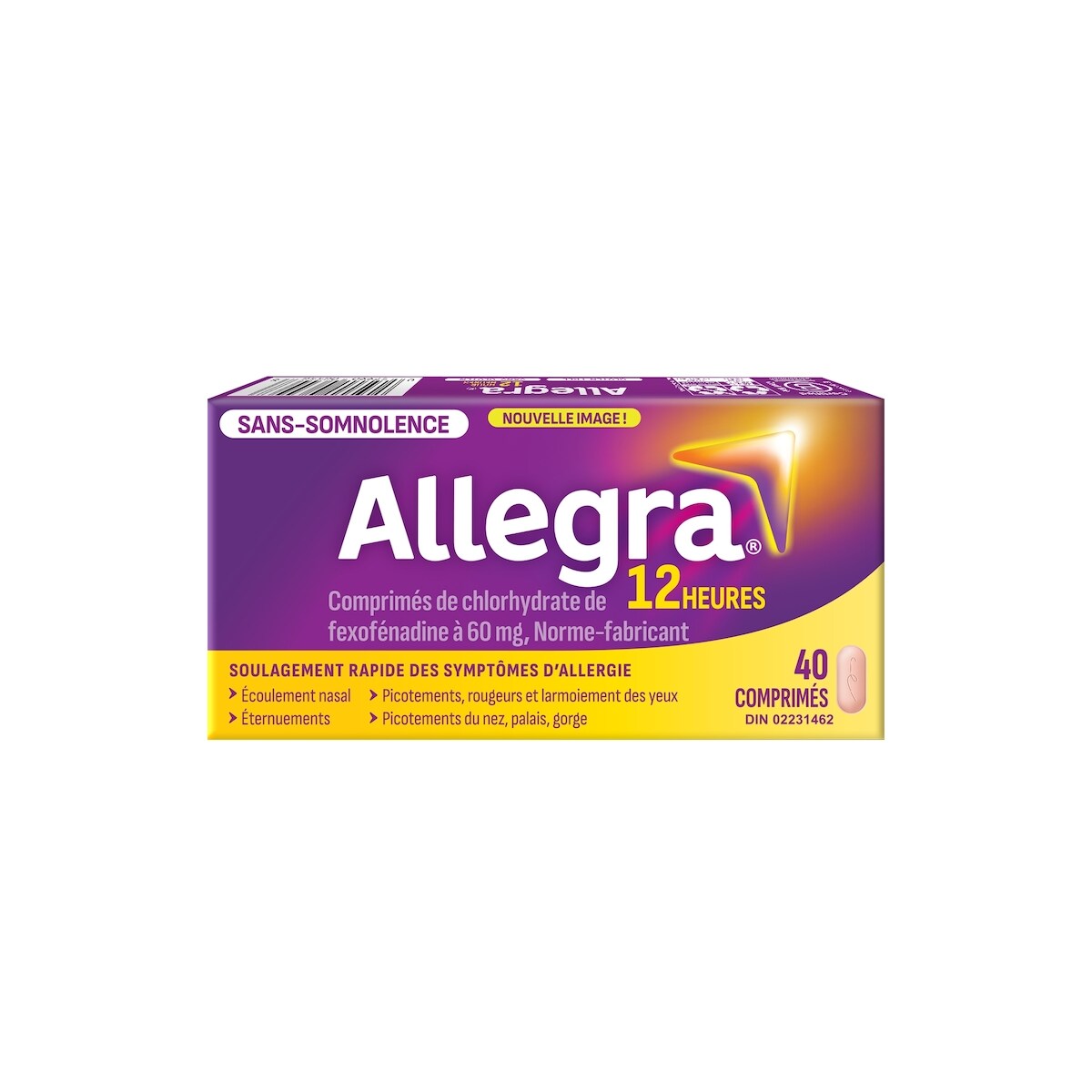 12 heures, médicament contre les allergies, sans somnolence, rapide et efficace, soulage les éternuements, les larmoiements et les picotements de la gorge, 60 mg de chlorhydrate de fexofénadine, 40 comprimés