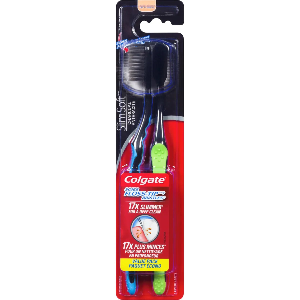 Brosse à dents souple Slim Soft Anthracite avec soies souples à bout 17x plus mince - paquet de 2