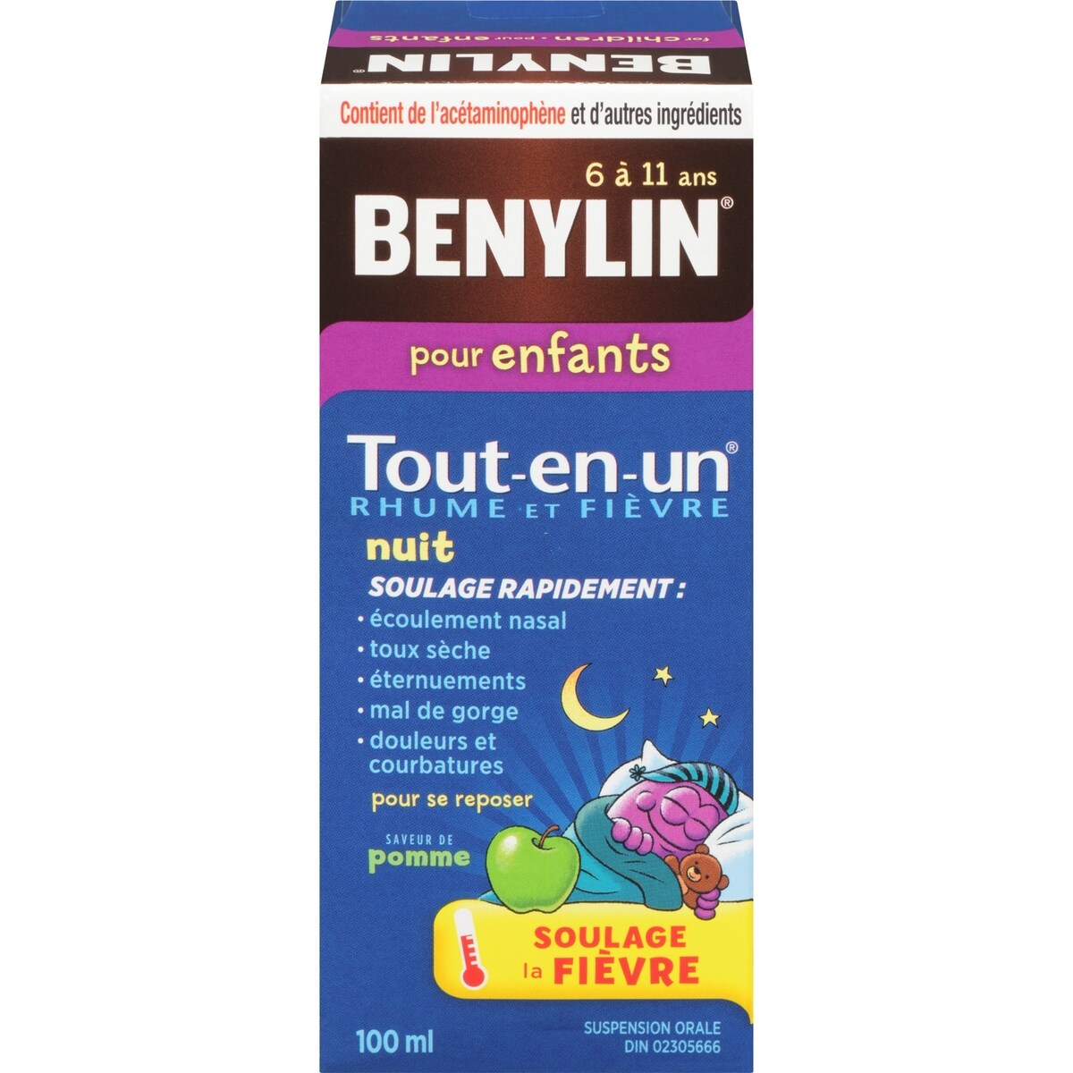 Sirop Tout-en-un Rhume et fièvre, Nuit, pour enfants, pomme
