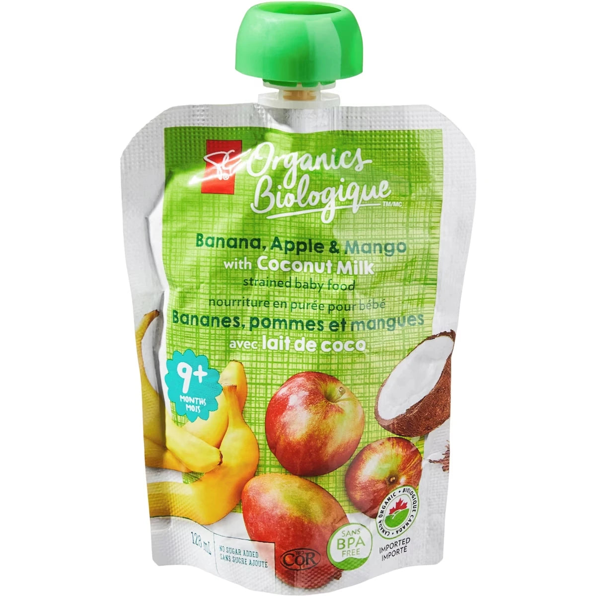 Noutrriture en purée pour bébé bananes, pommes et mangues avec lait coco