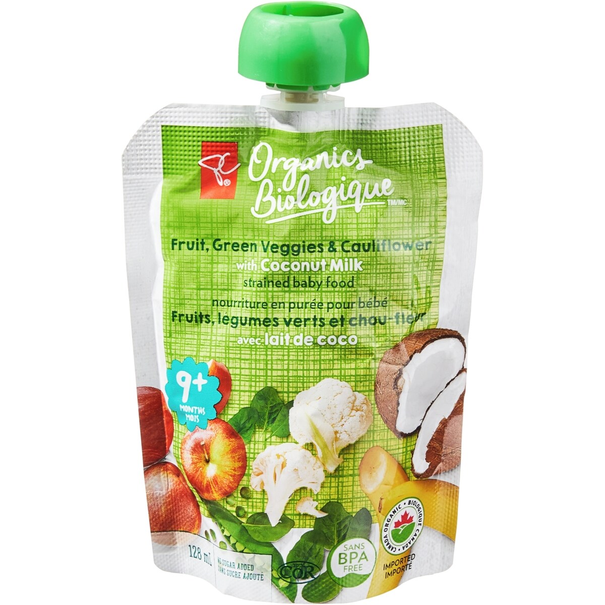Noutrriture en purée pour bébé Fruits, légumes verts et chou-fleur avac lait de coco