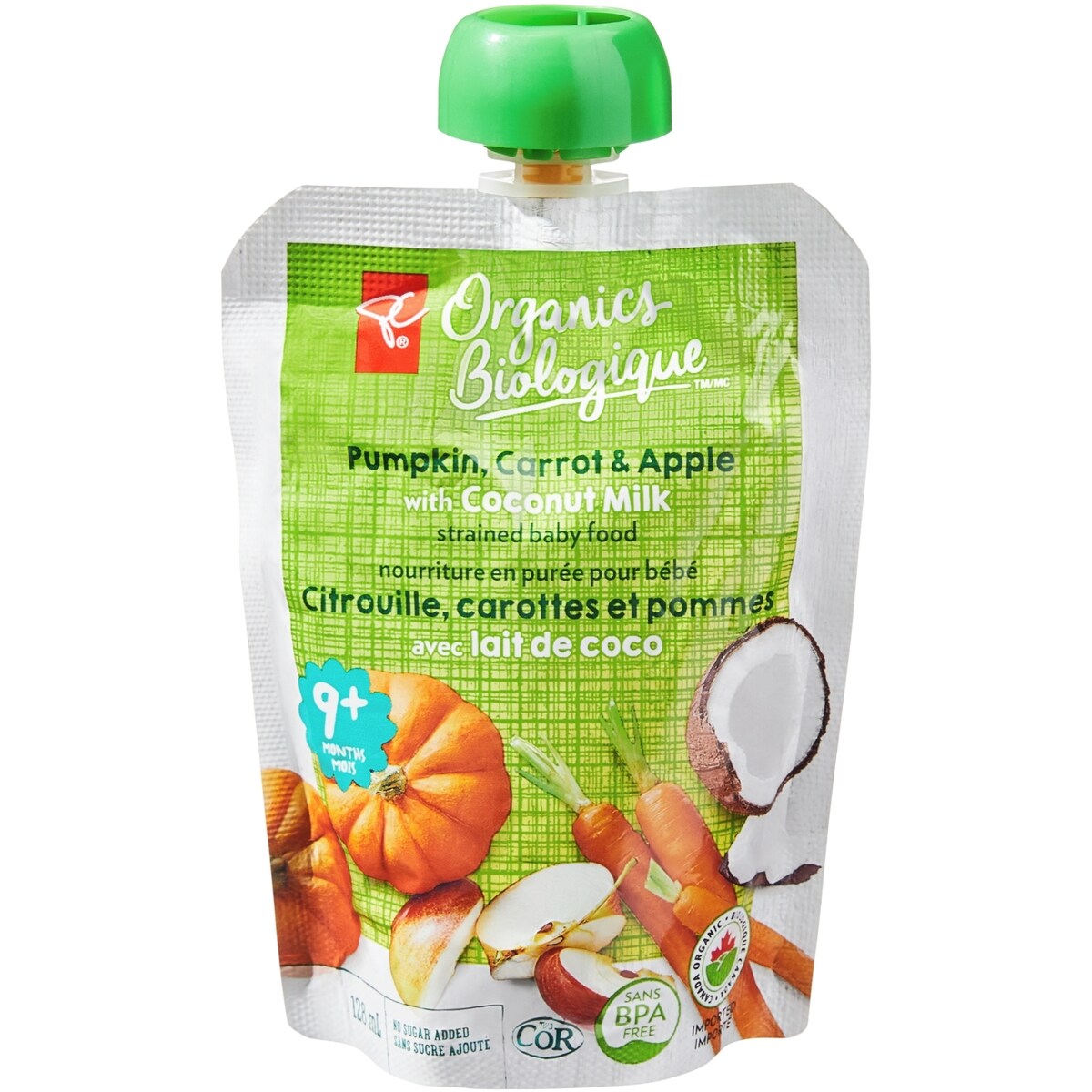 Noutrriture en purée pour bébé Citrouille, carottes et pommes avec lait de coco