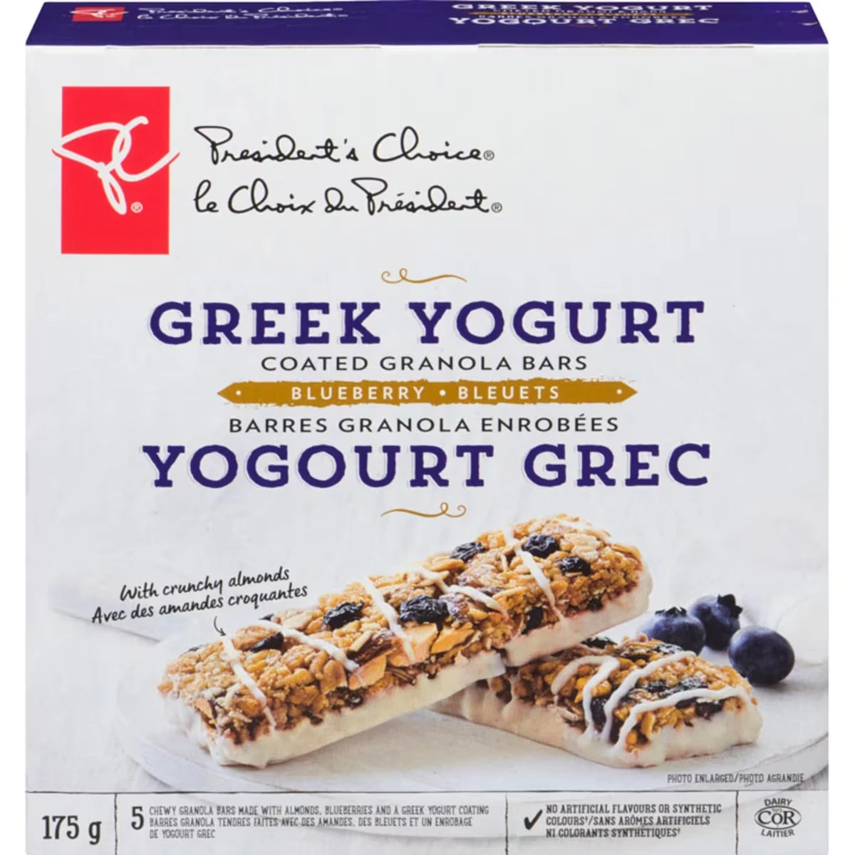 Barres granola enrobées de yogourt grec, bleuets