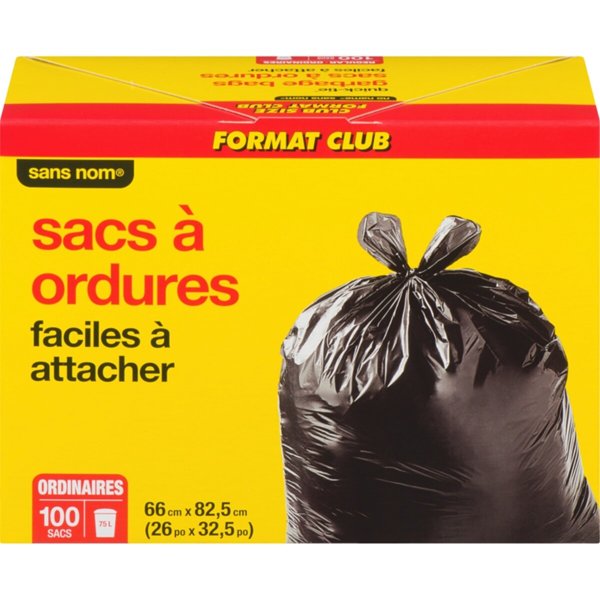 Sacs à ordures faciles à attacher ordinaires 75 l format club