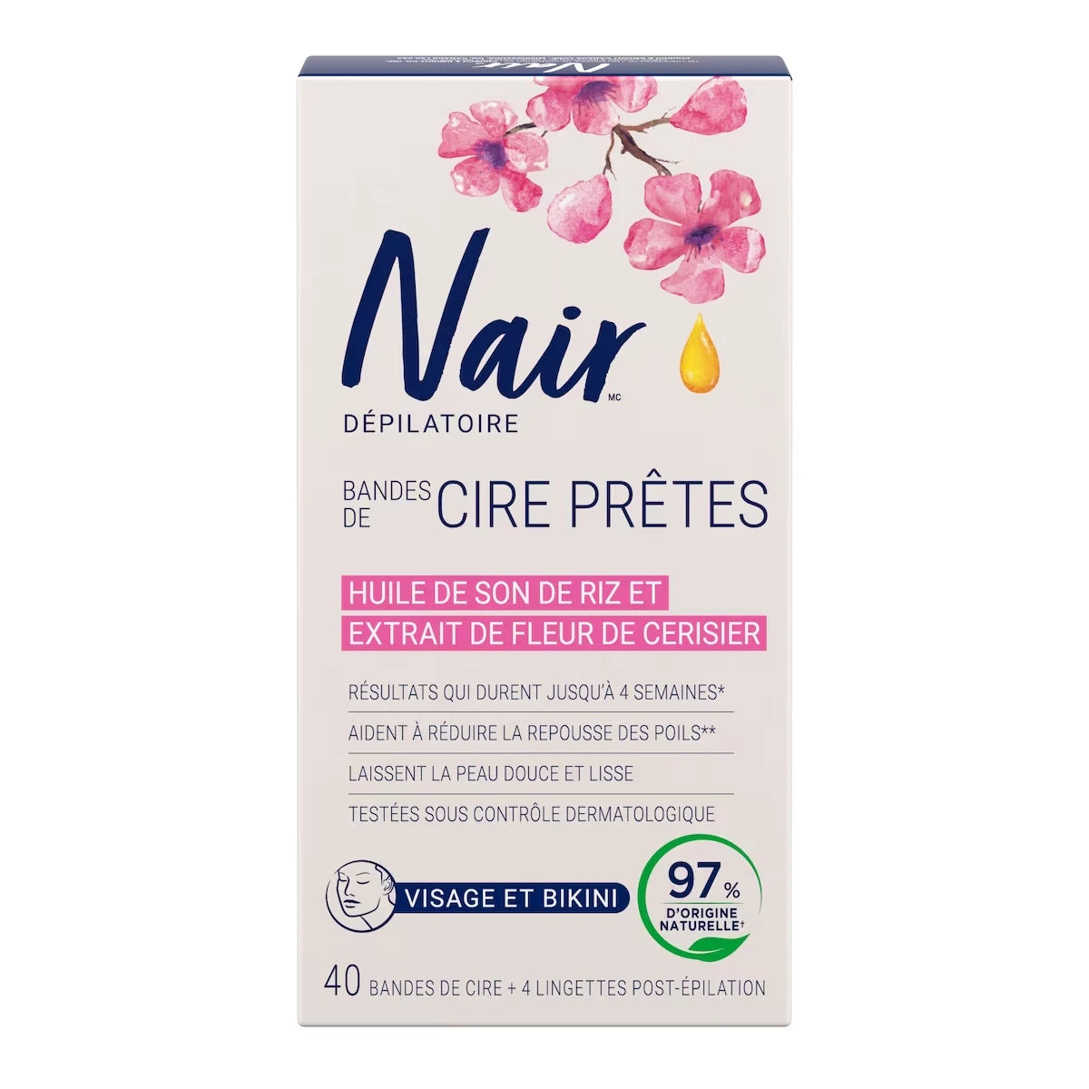 Bandes de cire prêtes à utiliser pour le visage et le bikini avec de l’huile de son de riz de source 100 % naturelle