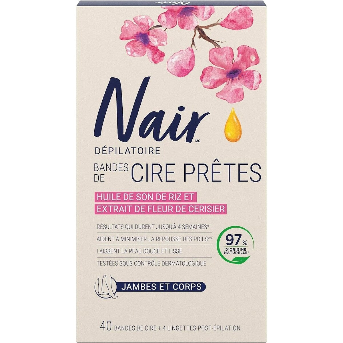 Bandes de cire prêtes à utiliser pour les jambes et le corps avec de l’huile de son de riz de source 100 % naturelle